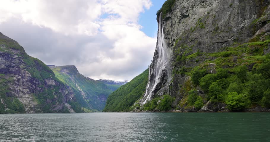 Geiranger fjord, waterfall Seven Sisters. Beautiful Nature Norway natural landscape.