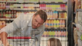 Animation of financial data processing over caucasian man with daughter grocery shopping. Global shopping, finance, connections, computing and data processing concept digitally generated video. - Powered by Shutterstock - Get 15% off with code: PIKWIZARD15