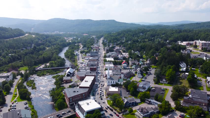 Littleton New Hampshire and the Ammonoosuc River. Aerial 4k Cinematic Video.