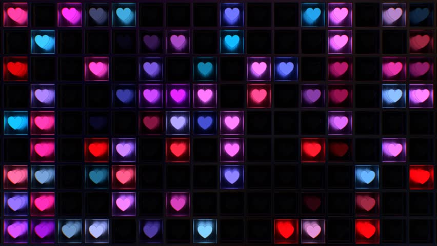 Grid Of Glowing Neon Love Heart Shapes Flash Bright Light Reflections - 4K Seamless VJ Loop Motion Background Animation