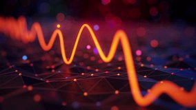 Orange line graph oscillates over dark polygonal surface with bokeh lights. Useful for financial data, cryptocurrency, stock trends, forecasts, or market analysis. 4K UHD ProRes Loopable animation. - Powered by Shutterstock - Get 15% off with code: PIKWIZARD15