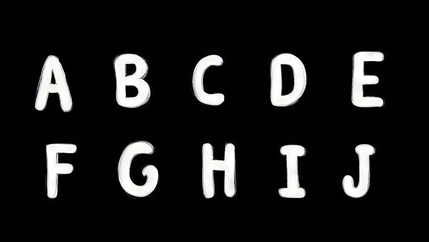 Set of animated characters of Latin English letters, alphabet in stopmotion animation style drawn by hand on black background