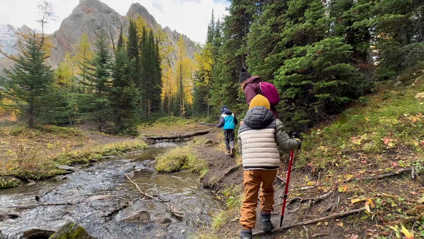 Woman and children hiking along a river in a forest on a cool Autumnal day in Kananaskis, Alberta