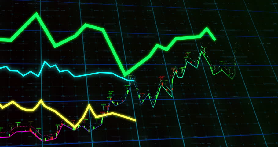 Stock market graph animation over grid background. Finance, investment, trading, business, data, analysis
