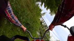 A thrilling front seat POV of a high-speed motorbike roller coaster, capturing the adrenaline-pumping twists, turns, and rapid accelerations as the ride races through the track - Powered by Shutterstock - Get 15% off with code: PIKWIZARD15