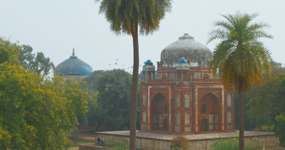 New Delhi, Delhi, India. Doves birds flying above Babur