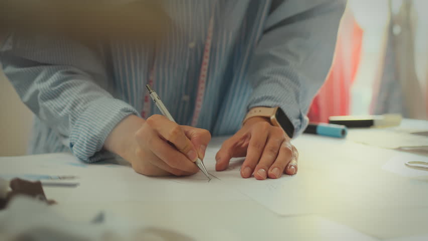 In a high fashion studio, female master develops a new design using cutting-edge techniques. In a cinematic frame, designer sketches a dress, following the latest fashion trends, creating a new model