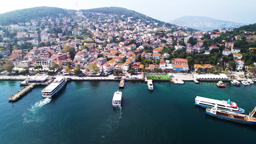 Heybeliada Island in Istanbul, Turkey. Heybeliada is the second largest of the Princes Islands in the Sea of Marmara. Drone shot.