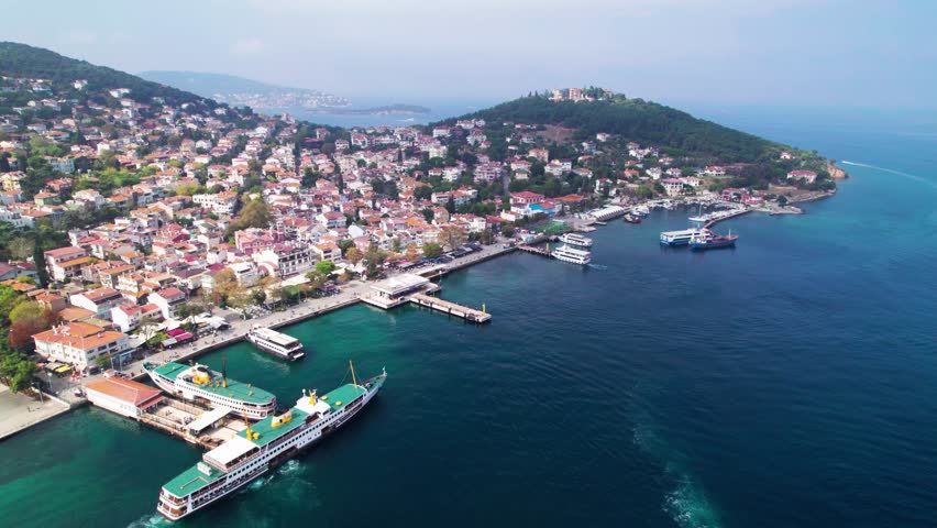 Heybeliada Island in Istanbul, Turkey. Heybeliada is the second largest of the Princes Islands in the Sea of Marmara. Drone shot.