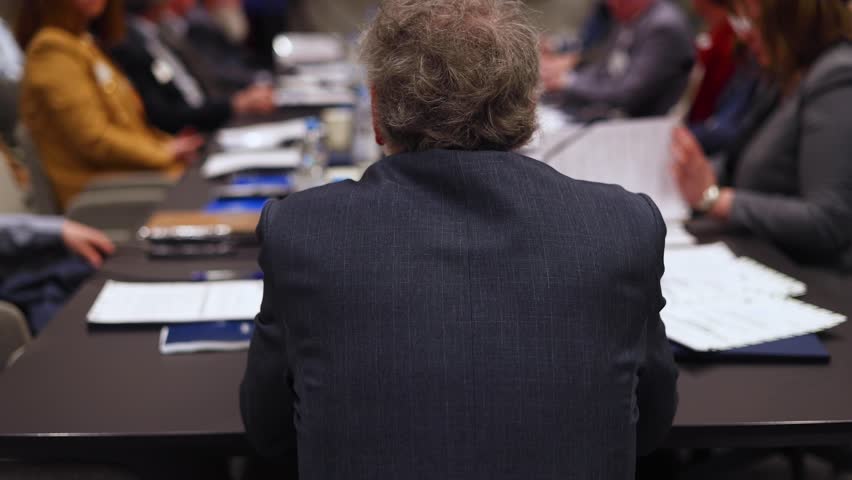 Board of directors in meeting room, Company executive director and management at the table, global corporation boss, parters team and investors, CEO back view, discussing project and planning strategy