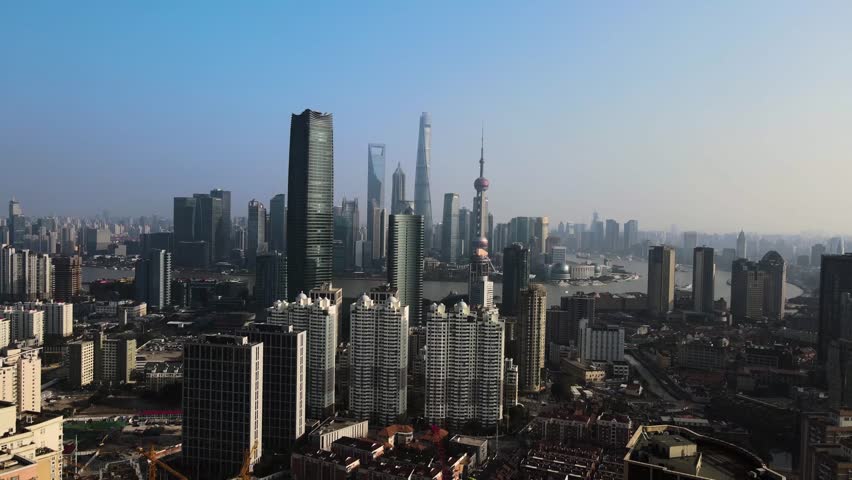 Aerial photography of Shanghai Bund modern high-rise city HD material