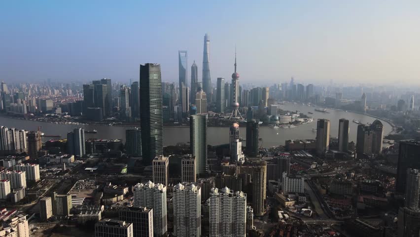 Aerial photography of Shanghai Bund modern high-rise city HD material
