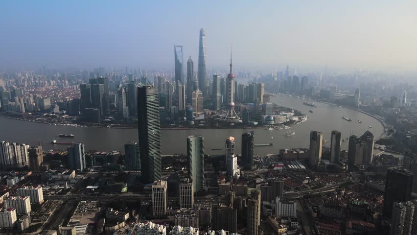 Aerial photography of Shanghai Bund modern high-rise city HD material