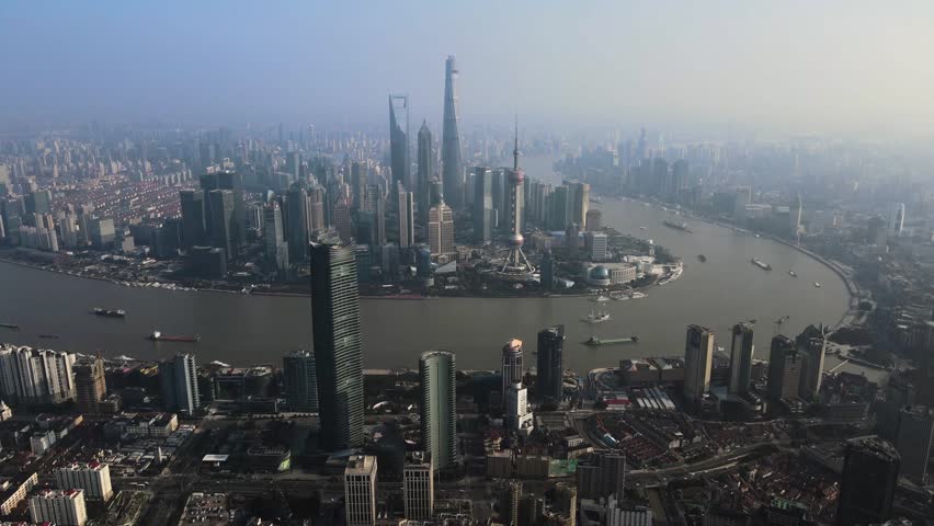 Aerial photography of Shanghai Bund modern high-rise city HD material