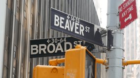 New York City, United States. Manhattan Downtown Financial District. American Wall street. Broad and Beaver corner road sign. Stock Exchange, USA Stock Market. Traffic light on crossroad intersection. - Powered by Shutterstock - Get 15% off with code: PIKWIZARD15