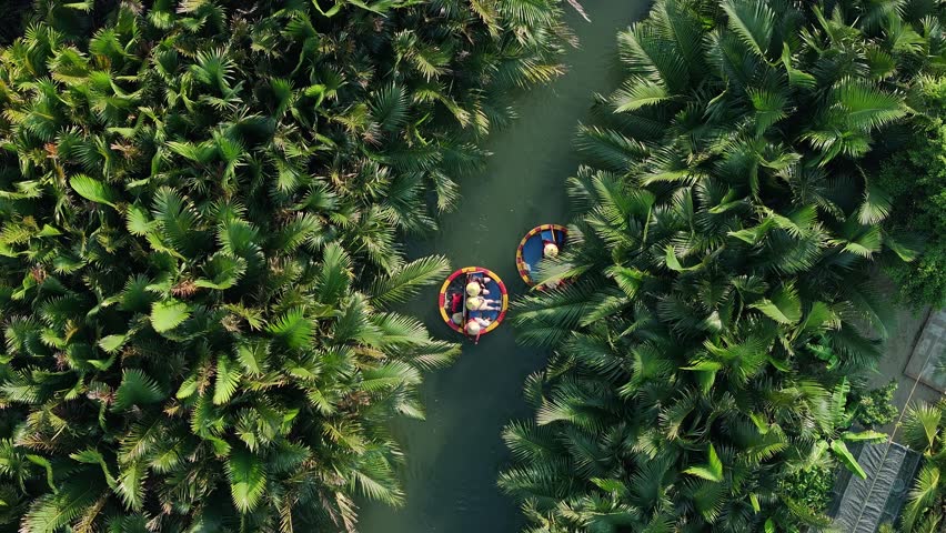 Tourists experience basket boats at the Bay Mau coconut forest, Hoi An Ancient Town