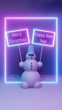 Snowman with Posters of a Happy New Year and Merry Christmas Stands Near a Bright Neon Square Frame in Cyberpunk Style Vertical Loopable 4K 3D Animation Stock Video - Powered by Shutterstock - Get 15% off with code: PIKWIZARD15