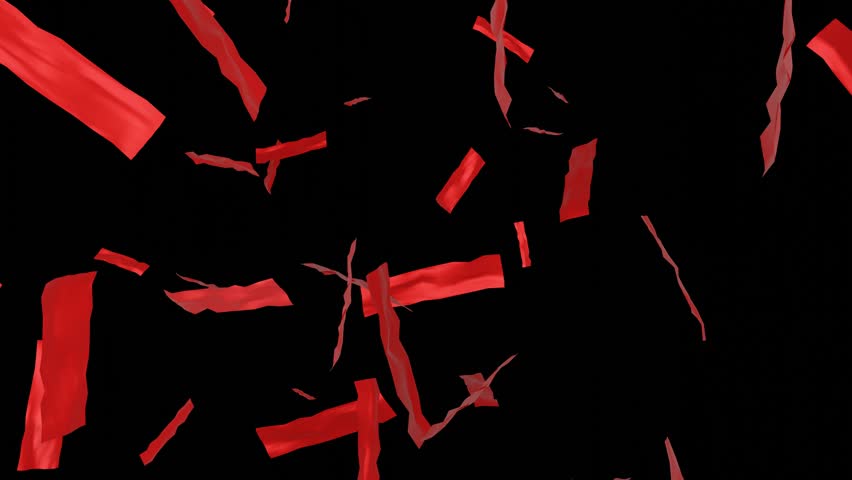 Big falling shiny red confetti isolated on transparent video black background. Bright festive tinsel of red color.