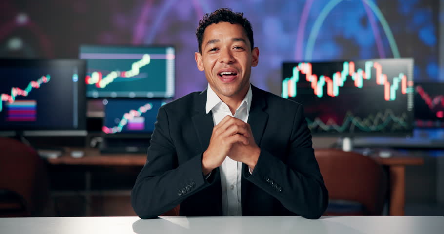 Talking, information and anchorman with financial news for stock market crash update for currency trading. Portrait, team and business tv reporter with advice on foreign exchange for economy growth.