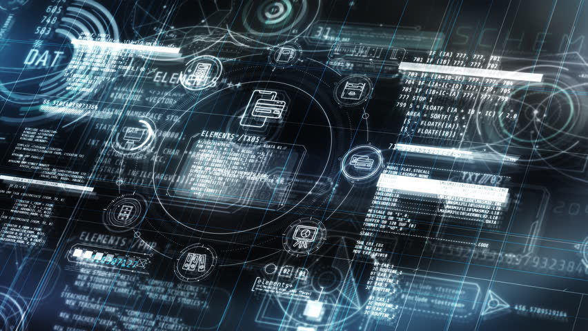 Holographic data displays, infographic with code fragments