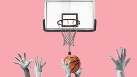 Funny animation of close up of hand trying to steal basketball while hand throwing ball and shooting ball in the hoop. Halftone pattern of diverse hands playing basketball. Sport concept. Budgetary. - Powered by Shutterstock - Get 15% off with code: PIKWIZARD15