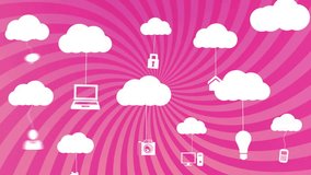 Animation of clouds with electronic devices over pink stripes. Global connections, cloud computing and data processing concept digitally generated video. - Powered by Shutterstock - Get 15% off with code: PIKWIZARD15