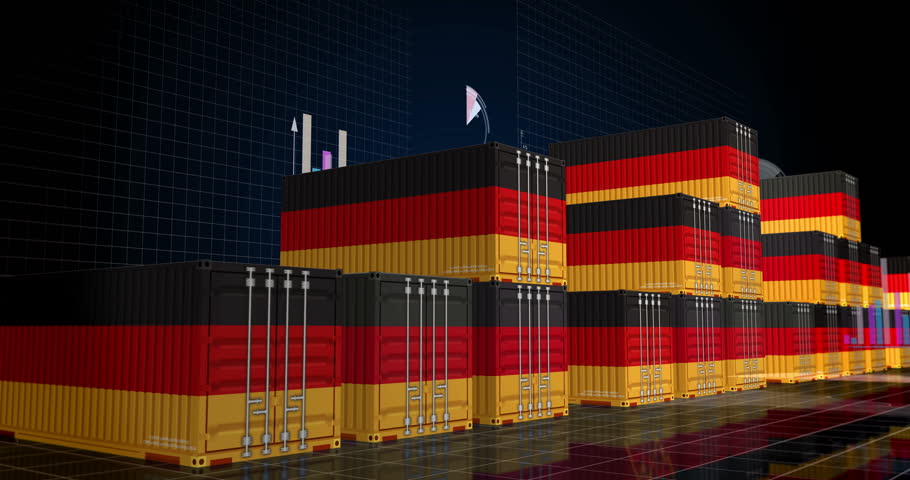Germany export production and import containers cargo with business diagrams and charts concept. Germany flag industrial shipping box 3d.