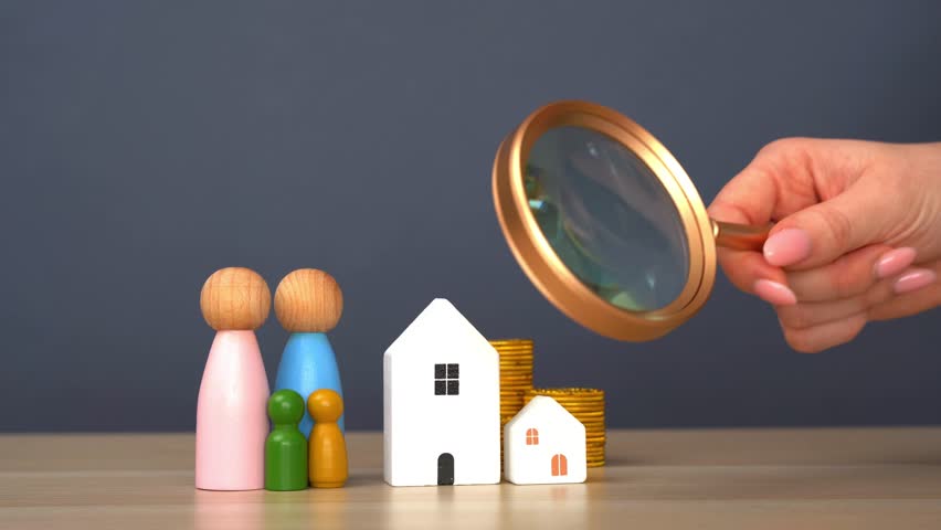Real estate appraiser. Property valuation or appraisal. Find a house. Search for housing. Real estate market analysis. A woman is holding a magnifying glass over a wooden houses.

