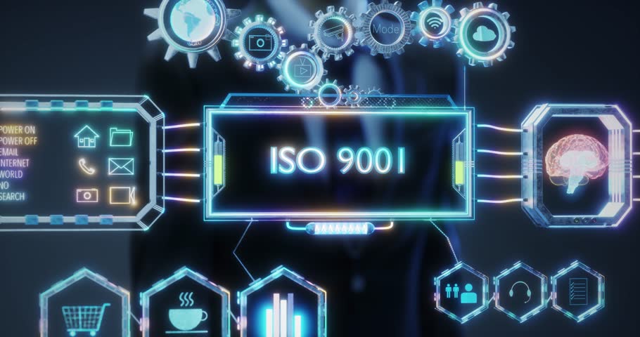 Businessman is presenting iso 9001 standard certification concept with futuristic graphic user interface. 3D rendering
