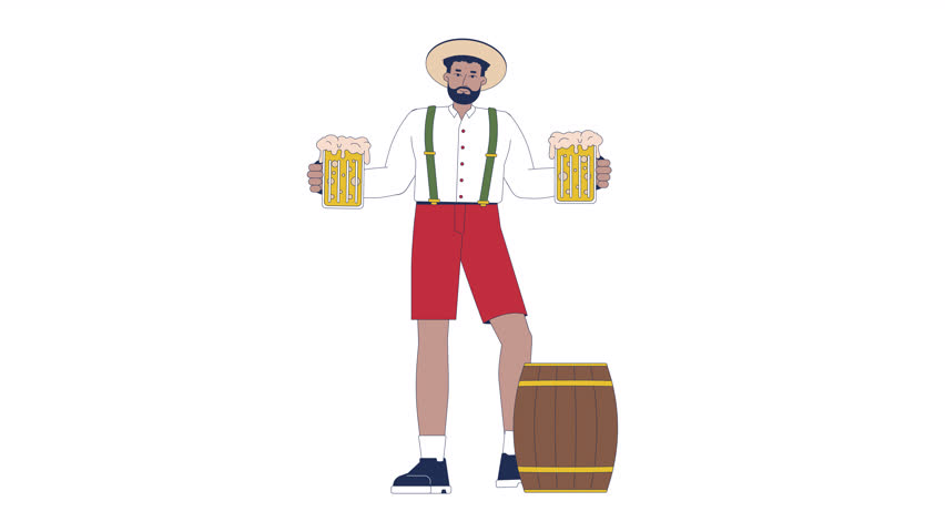 Happy man enjoying oktoberfest holiday cartoon animation. German brewing traditions 4K video motion graphic. Black male tourist with beer animated 2D character isolated on white background