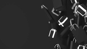 Black gift boxes with white ribbon, shopping bags floating, rotating on black background. Shopping offer concept. Black Friday Sale advertisement 3d render animation loop. 3D Illustration - Powered by Shutterstock - Get 15% off with code: PIKWIZARD15