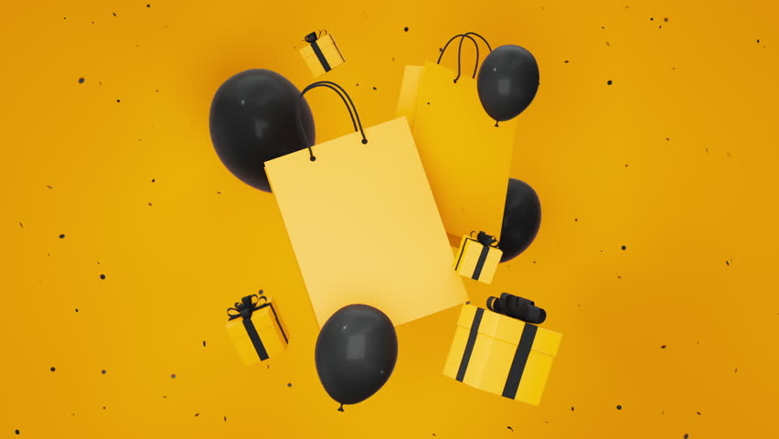 Yellow gift boxes, shopping bags, black balloons and confetti floating against yellow background. Shopping offer concept. Black Friday Sale advertisement 3d render animation loop. 3D Illustration