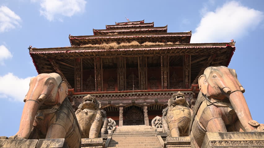 Nepal Bhaktapur Taumadhi Square Nyatapola Temple Slow Motion Stabilizer Back Tilt Down World Heritage Site Kathmandu Valley