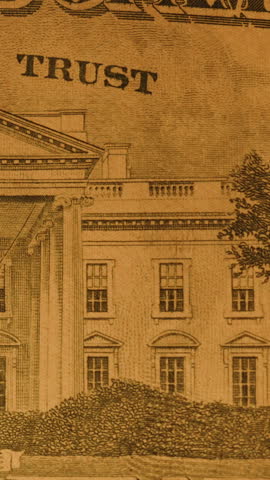 Vertical video. The White House On The Twenty-Dollar Bill, Illuminated By Light And Andrew Jackson