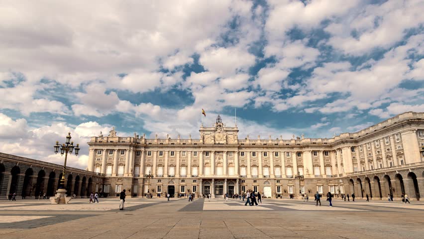Madrid royal palace Timelapse, clouds moving over royal residence in Spanish capital, Madrid city center, European capital