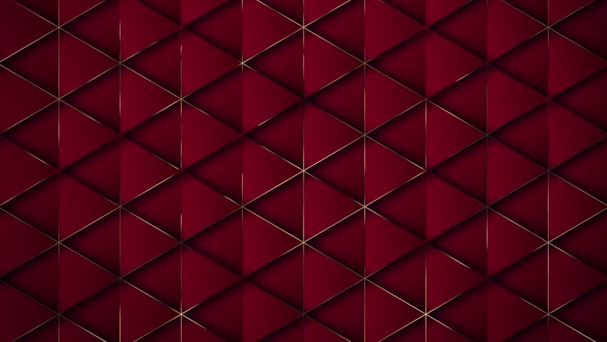 4k Abstract luxury geometric background with gold metallic lines. Red background with gold. Motion graphic animation. Seamless looping triangles background. Simple elegant new year 3d BG.