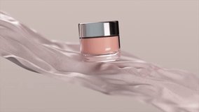 Elegant pink beauty cream sits in a silver and glass jar, resting on flowing pink fabric, showcasing a luxurious and sophisticated aesthetic. 3D animation - Powered by Shutterstock - Get 15% off with code: PIKWIZARD15