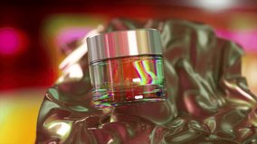 Glass jar featuring a silver lid holds a clear gel, rotating gracefully atop shimmering silk fabric, with a softly blurred background enhancing the visual appeal. 3D animation - Powered by Shutterstock - Get 15% off with code: PIKWIZARD15