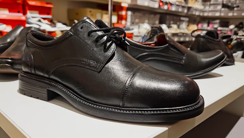 Man leather shoes on shelf of clothing store, image of choosing and buying boots. Black colored leather men boots in shoe store