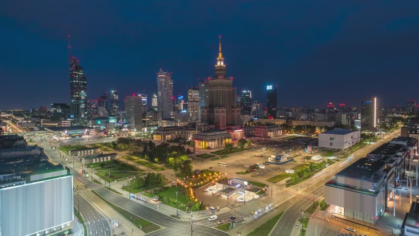 Warsaw Poland time lapse high angle view night to day city skyline at Centrum Square downtown business district