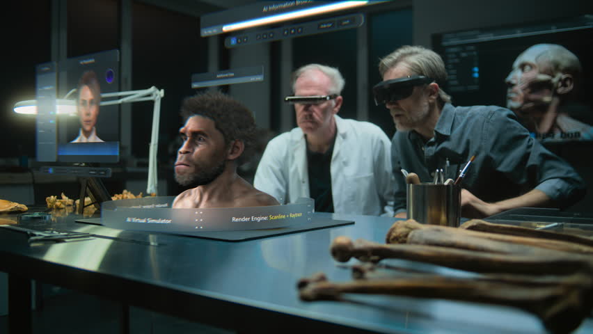 Advanced archaeological lab: Two archaeologists in VR headsets conducts scientific research in augmented reality. 3D graphics of virtual display with AI simulator of ancient Neanderthal human. VFX