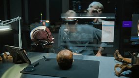 Advanced archaeological lab: Archaeologist in VR headset conducts historical research in augmented reality using fossil skull. 3D graphics of virtual display with AI assistant and web browser. VFX - Powered by Shutterstock - Get 15% off with code: PIKWIZARD15