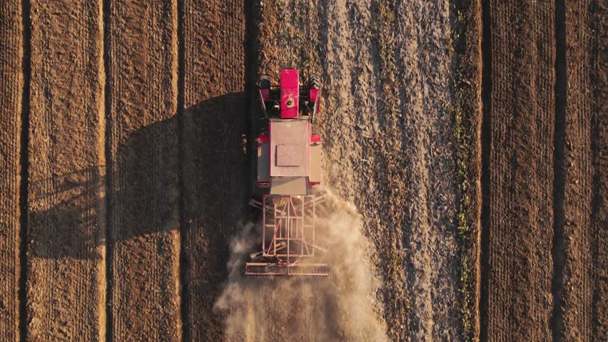 Red tractor working in agricultural field, cultivating and plowing dry soil, aerial view. Agribusiness concept. Small farming concept