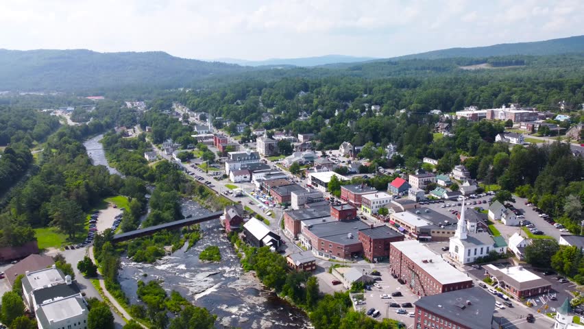 Littleton New Hampshire and the Ammonoosuc River. Aerial 4k Cinematic Video.