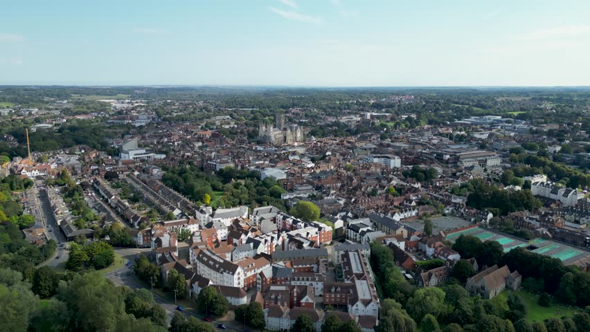 Beautiful aerial cityscape view about the downtown of Canterbury, Kent, England.