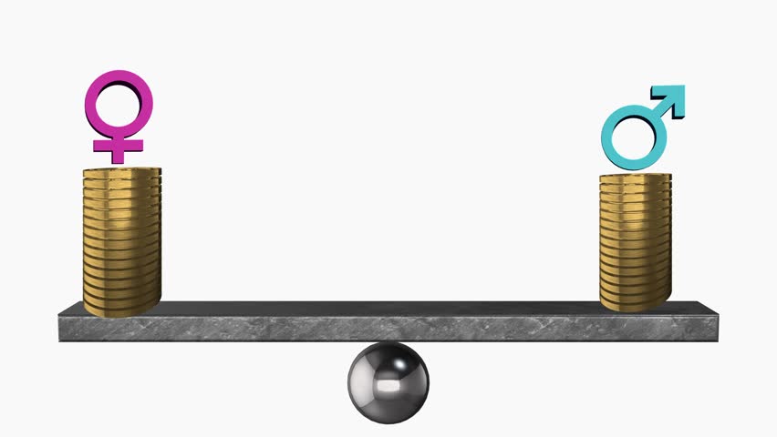 Economic disparity between genders with male and female symbols and different amounts of money.