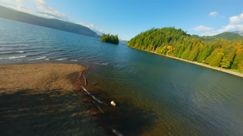 Fast agile flight over the surface of Harrison Lake. British Columbia, Canada.