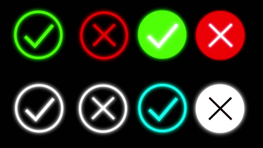 Green, white and red check mark symbol and white and red Cross tick marks,. Mark brush line style animated icon, alpha channel included. Set of Right and wrong symbols