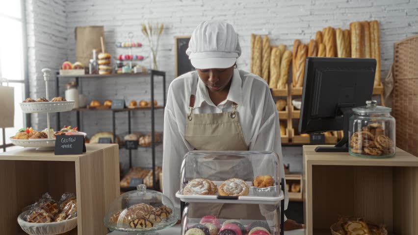 Woman working in a bakery handling pastries with a smile surrounded by various baked goods and gluten-free products organized neatly indoors.