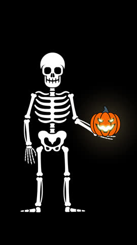 Skeleton throws Halloween pumpkin in hand. 2d looped animation